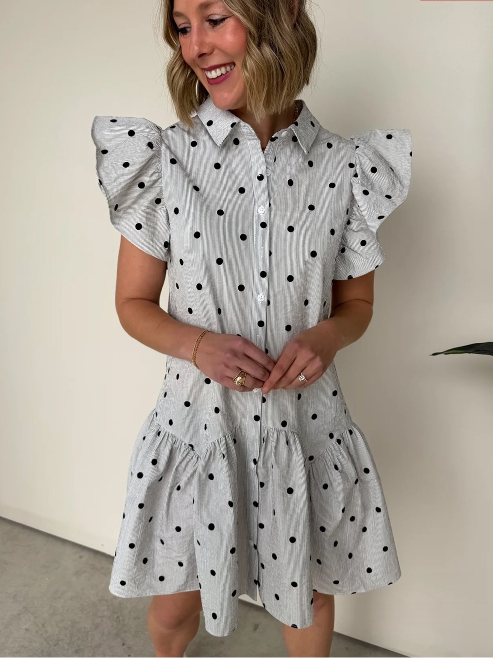 White Polka Dot Mini Dress with Ruffle Sleeves